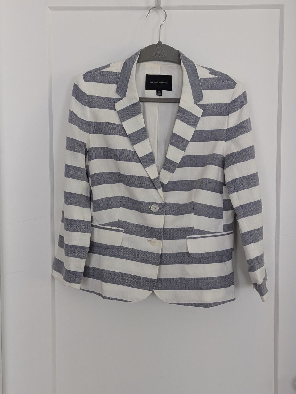 Banana Republic Linen Blazer Women 10 Blue White Striped Nautical Career Coastal